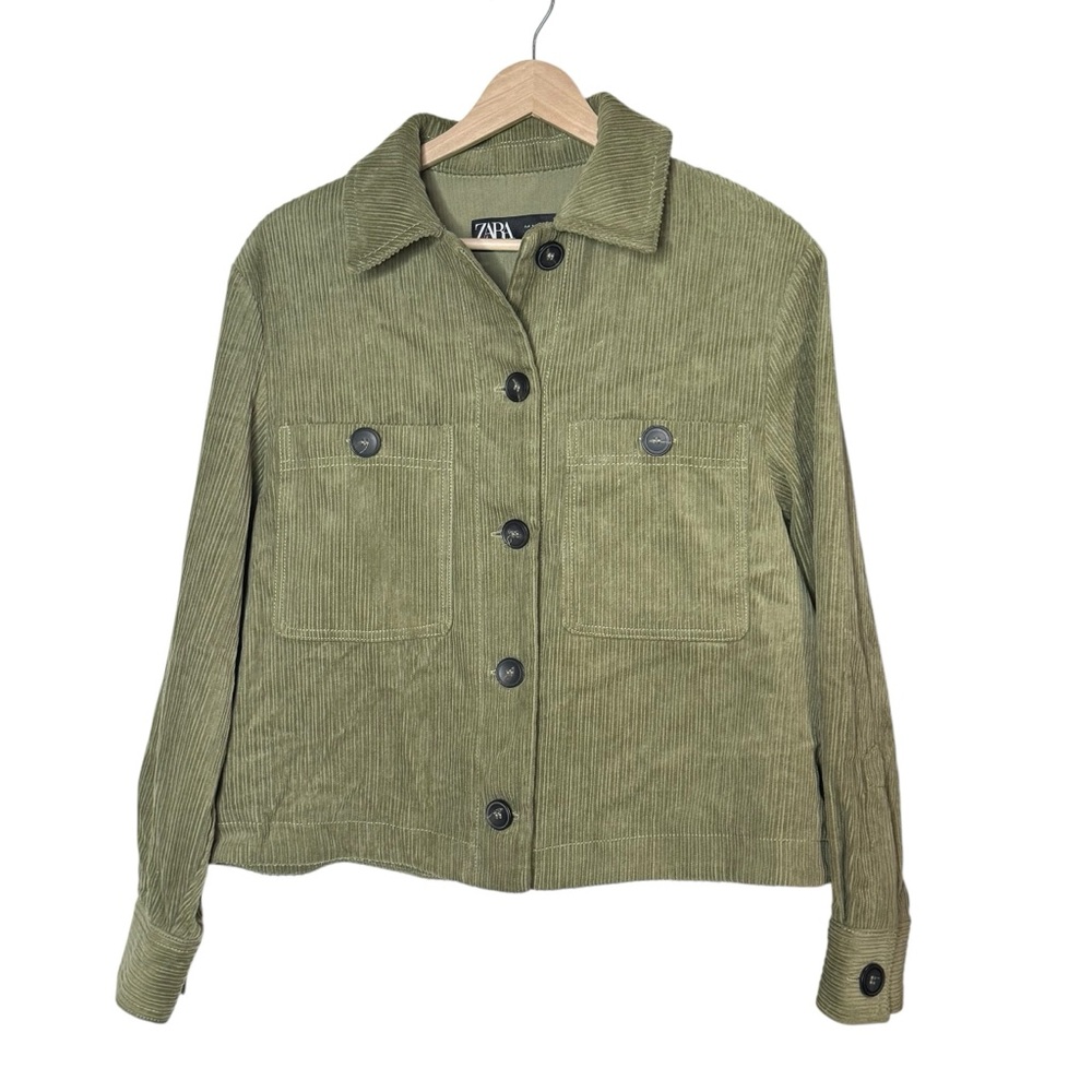 Zara Corduroy Boxy Oversized Cropped Jacket Size S Green Buttons Long Sleeve
